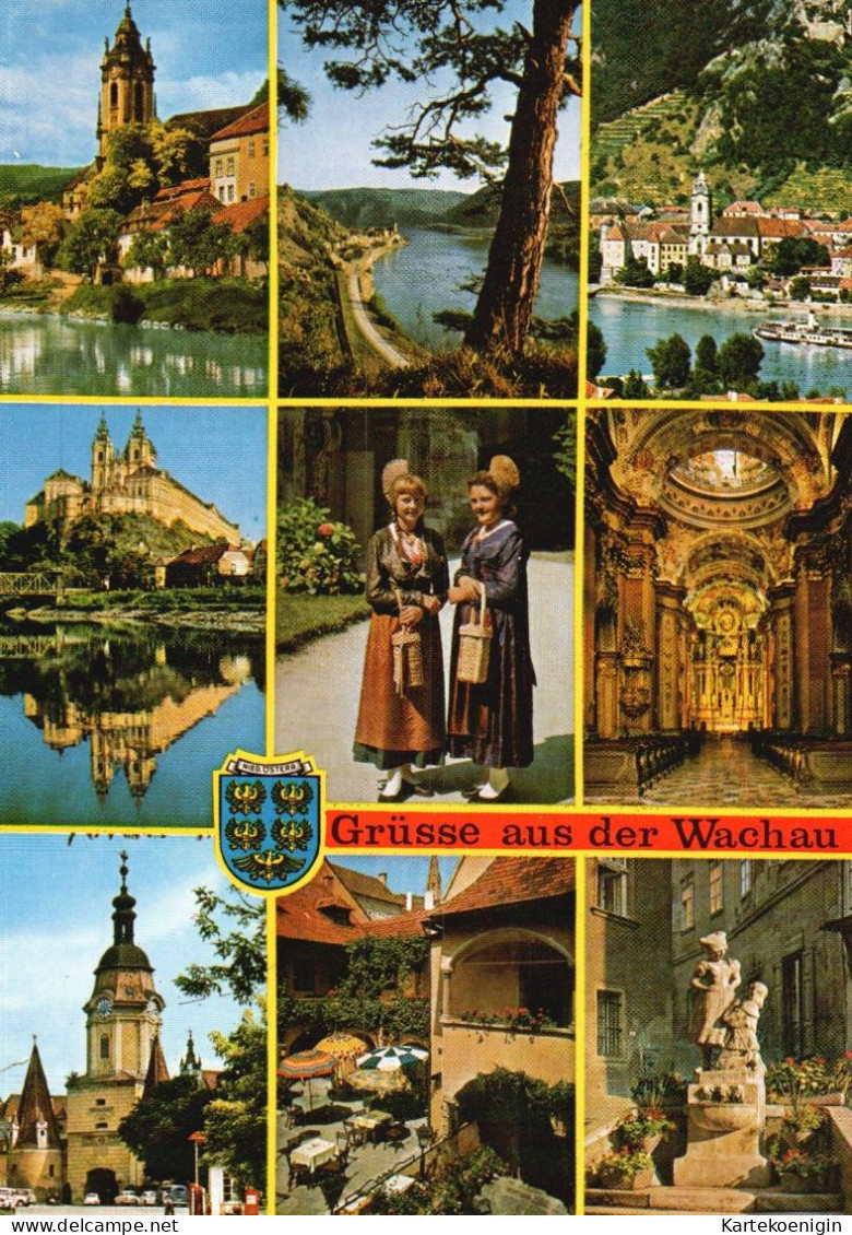 AK - Dürnstein , Melk , Wachauerinnen , Stiftskirche Melk , Steintor , Krems , Brunnenhof , Simandbrunnen - Wachau