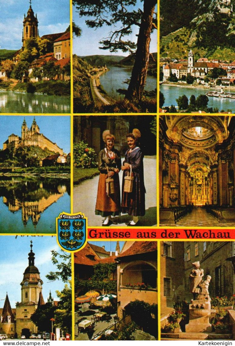 AK - Dürnstein , Melk , Wachauerinnen , Stiftskirche Melk , Steintor , Krems , Brunnenhof , Simandbrunnen - Wachau
