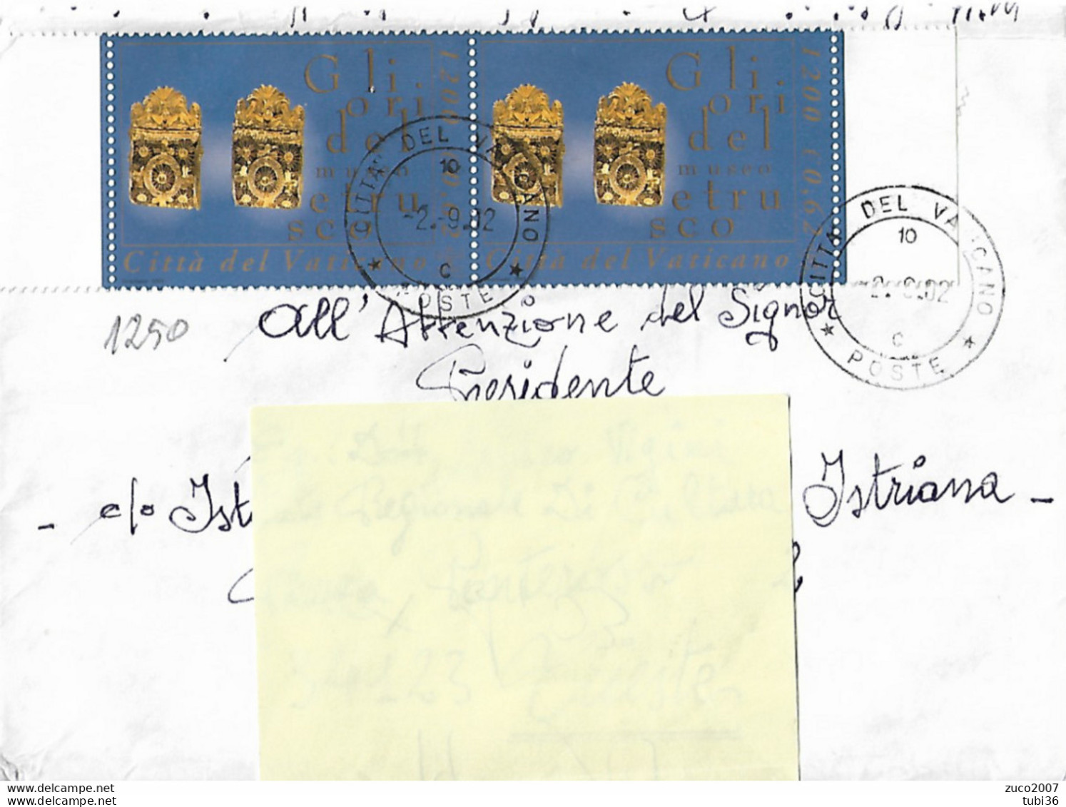 " Ori Del Museo Gregoriano Etrusco" VATICANO  2001 - € 62x2,BUSTA VIAGGIATA 2002 - POSTE CITTA DEL VATICANO Per TRIESTE - Covers & Documents
