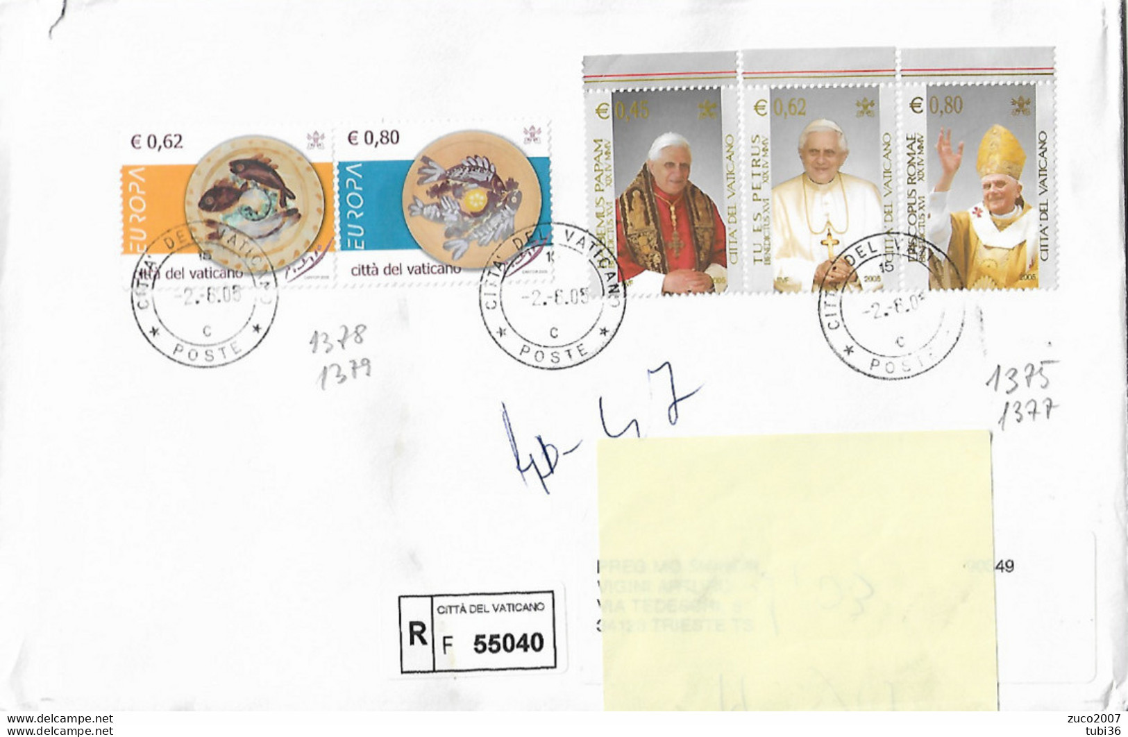 " Pontificato Di Benedetto XVI -Europa " VATICANO 2005 (s1375/1379)-serie Completa Su Busta RACCOMANDATA Viaggiata 2005- - Briefe U. Dokumente