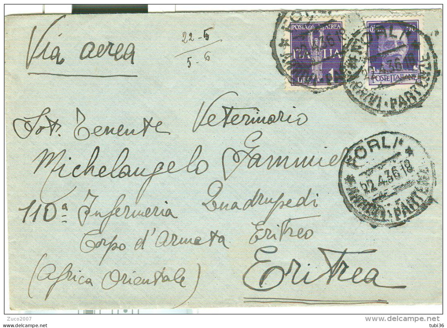 IMPERIALE Cent.50+50 AEREA, IN TARIFFA  POSTA MILITARE PER ERITREA, A.O.I.,1936,FORLI - ERITREA - Eritrée