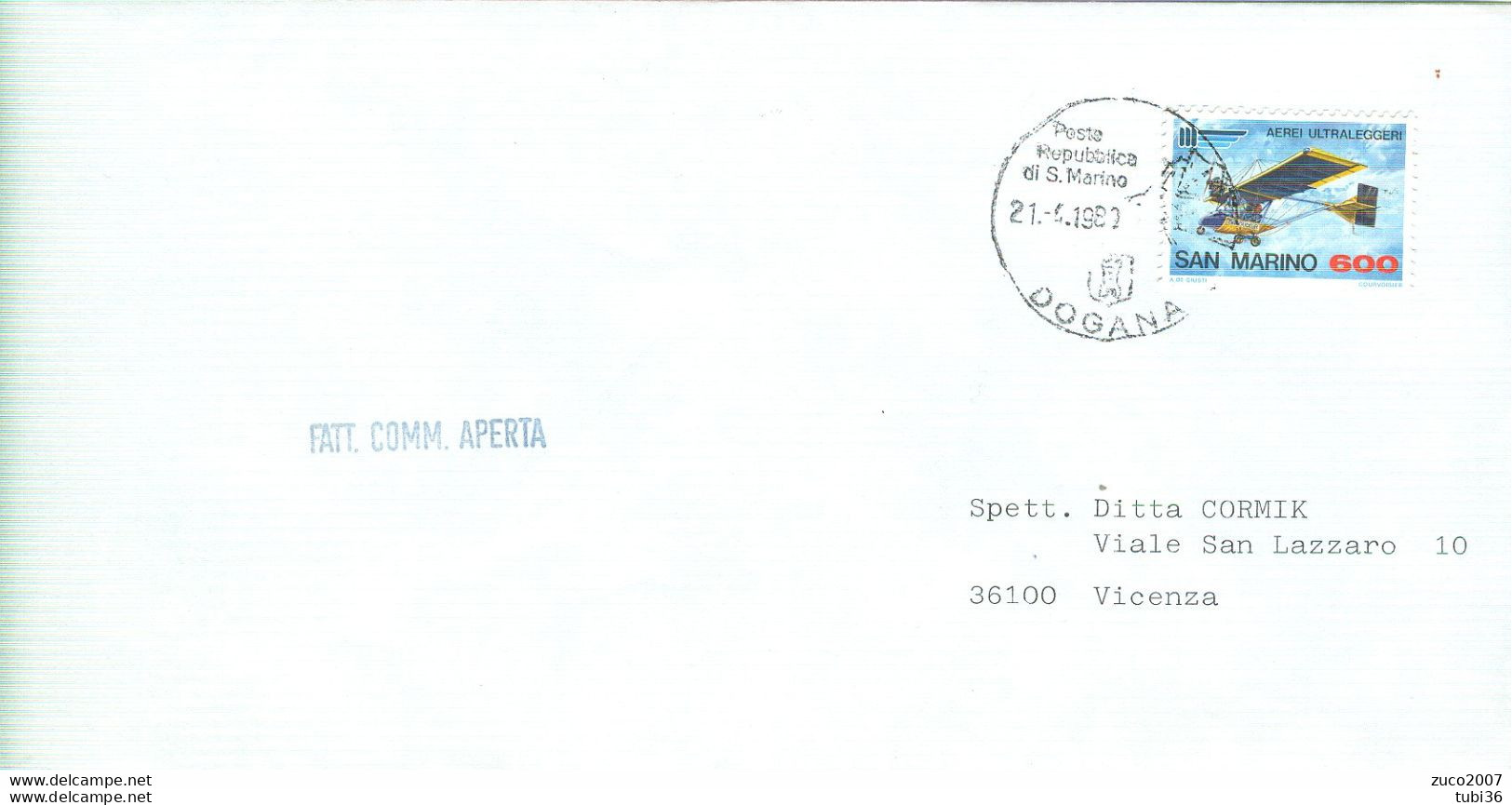SAN MARINO-AEREI ULTRALEGGERI £.600- ISOLATO TARIFFA FATTURA COMM,1989.-POSTE DOGANA - VICENZA - Covers & Documents