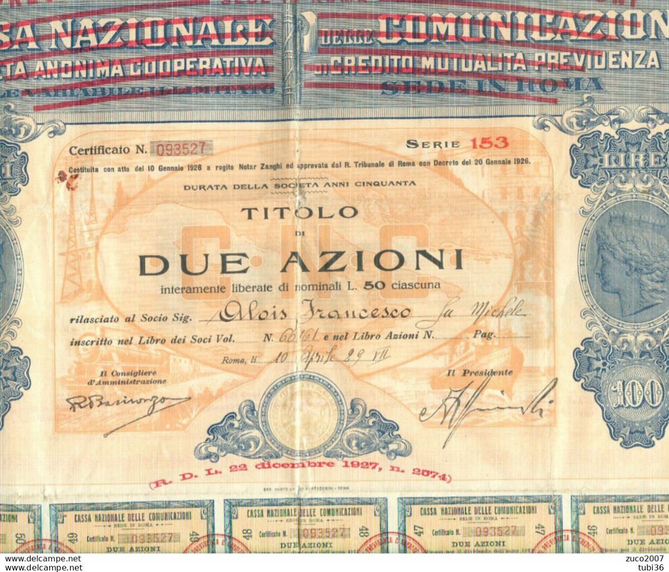 ISTITUTO NAZIONALE DI PREVIDENZA E CREDITO DELLE COMUNICAZIONI,ROMA-1929-TITOLO DI DUE AZIONI,CON 33 CEDOLINI DIVIDENDI - Banque & Assurance