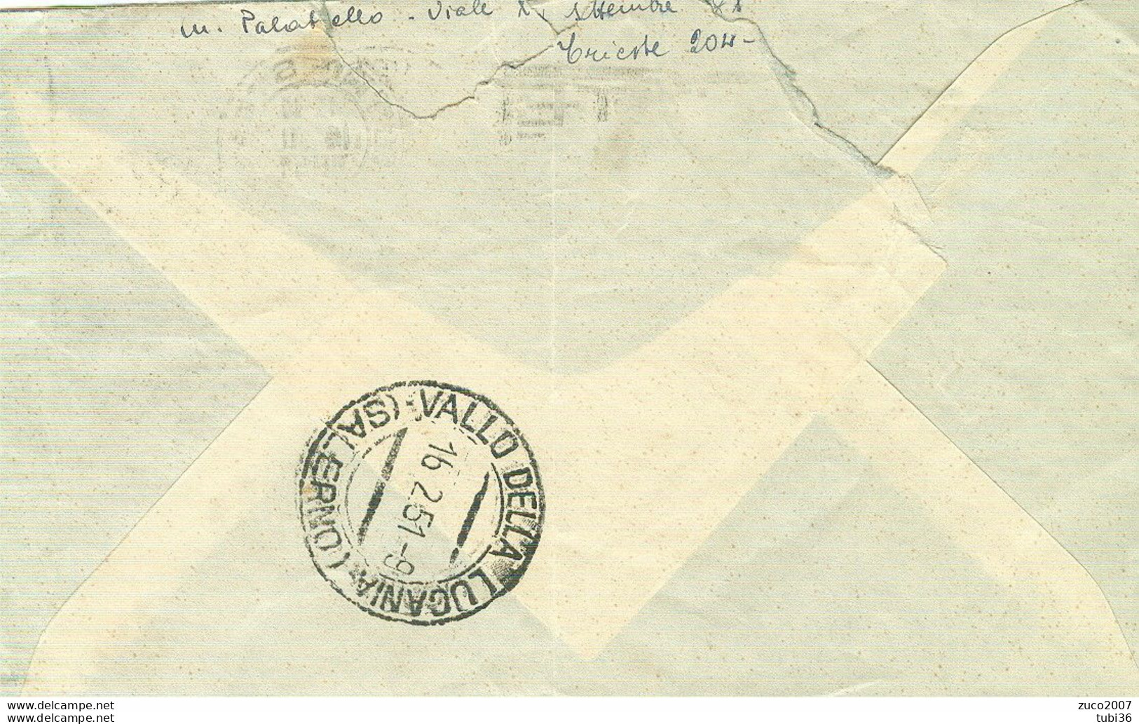 DEMOCRATICA £.20 AMG-FTT.-1951-TIMBRO POSTE TRIESTE TARGHETTA"DONATE SANGUE ALLA BANCA",VALLE DELLA LUCANIA (SALERNO) - Marcofilía