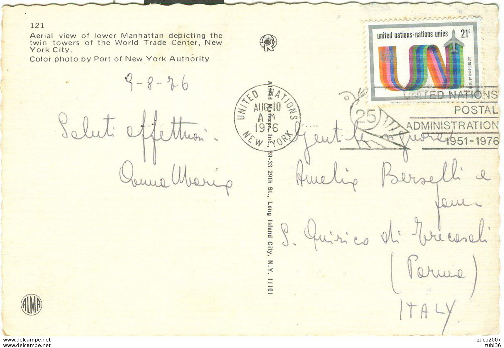 UNITED NATIONS -NEW YORK - 21c - AIR MAIL - 1976 - PER PARMA (ITALIA) - Lettres & Documents