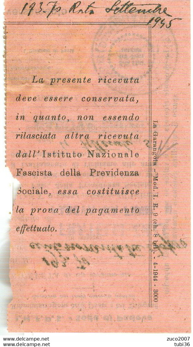 "PADOVA SUCC." ANNULLO DATARIO GULLER DUE MEZZE LUNE SU RICEVUTA VERSAMENTO I.N.F.P.S.1945 -ISTITUTO NAZIONALE FASCISTA, - Poste