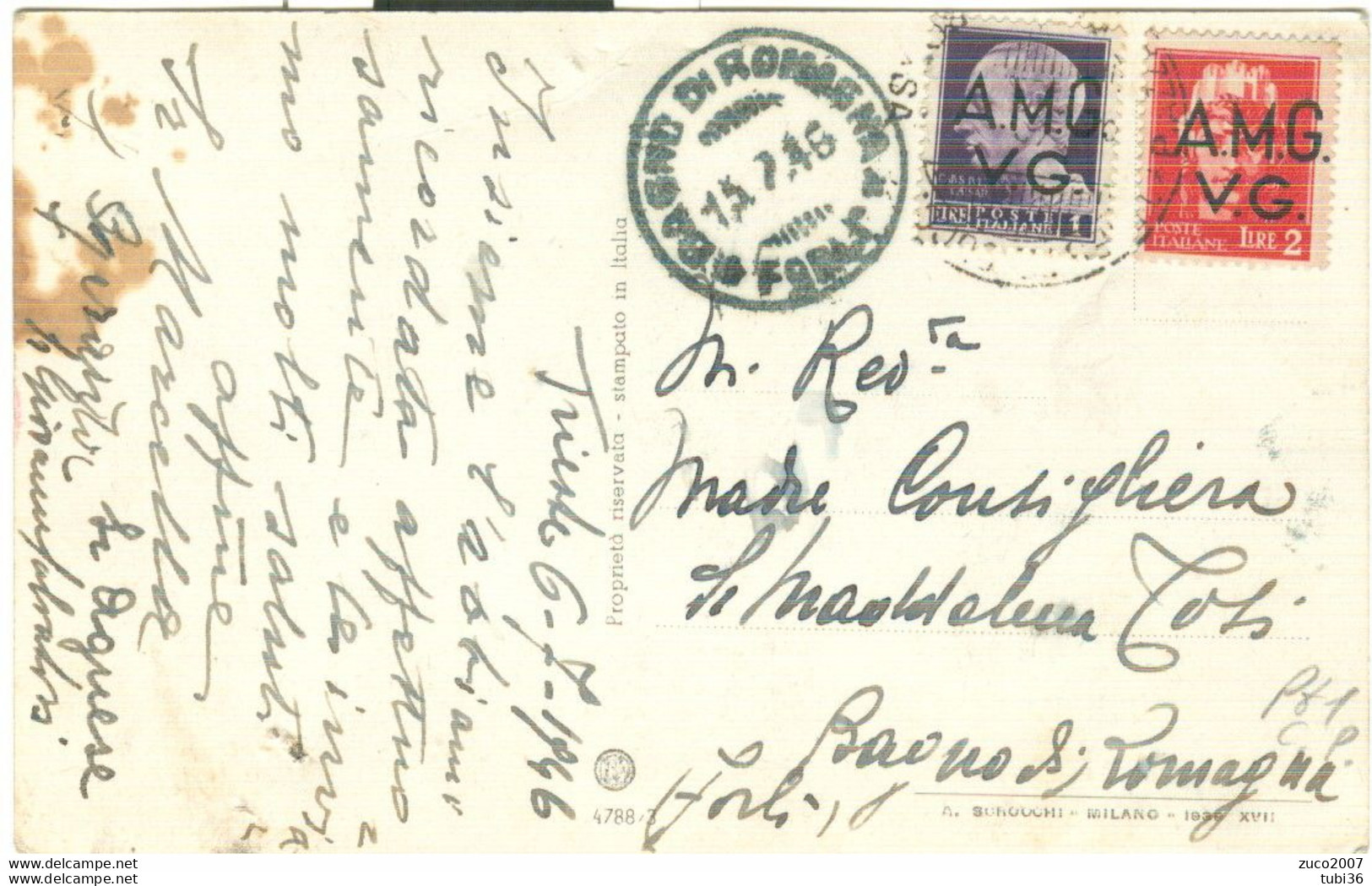 TRIESTE AMG-VG,IMPERIALE £.1+2 -1946-POSTE TRIESTE-BAGNO DI ROMAGNA(FORLI)- S.S. PIO XII°,IN PREGHIERA,B/N - Marcofilía