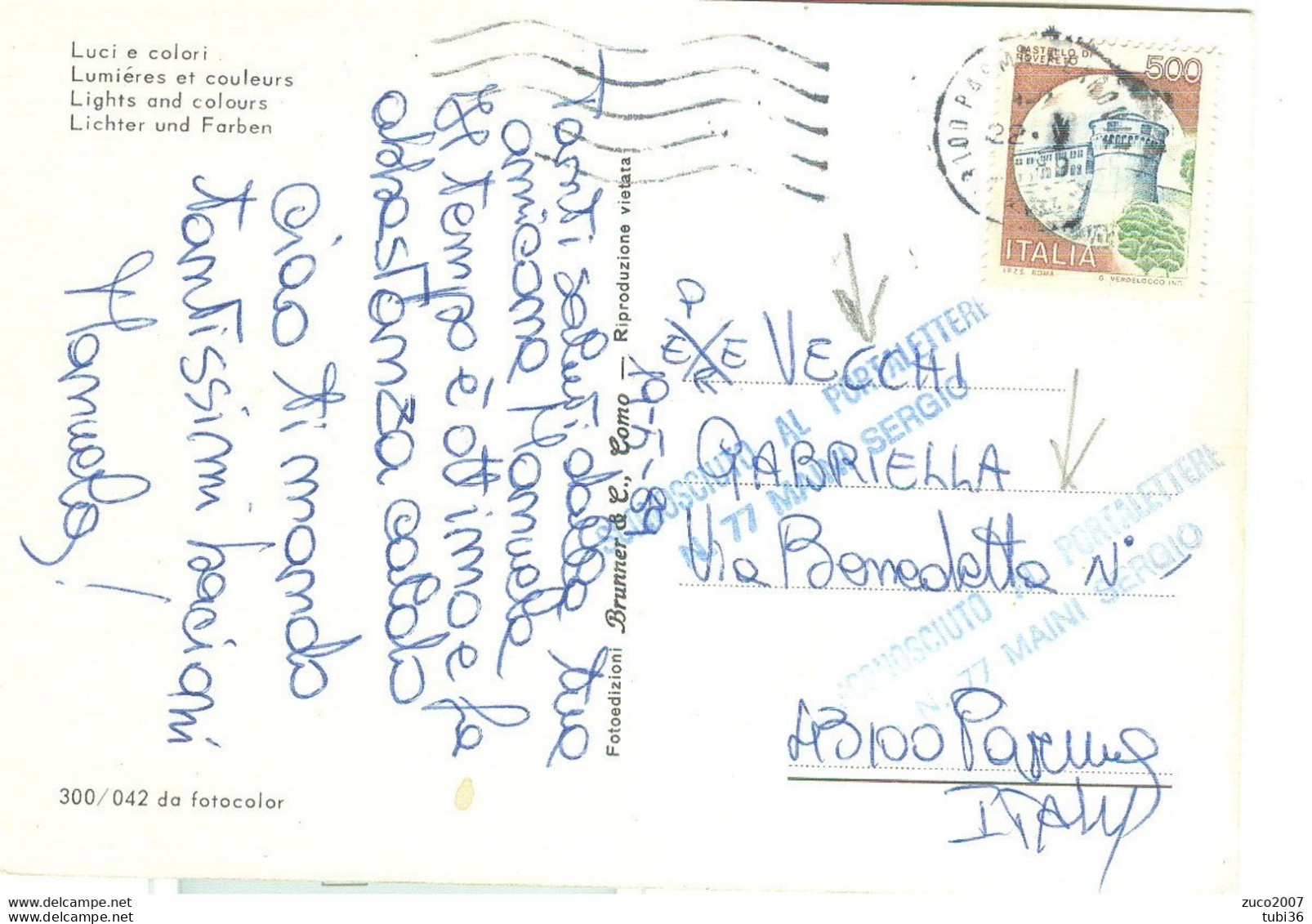 "SCONOSCIUTO AL PORTALETTERE N.77 (NOME)" TIMBRO SU CARTOLINA COLORI,TIMBRO POSTE PARMA - Poste