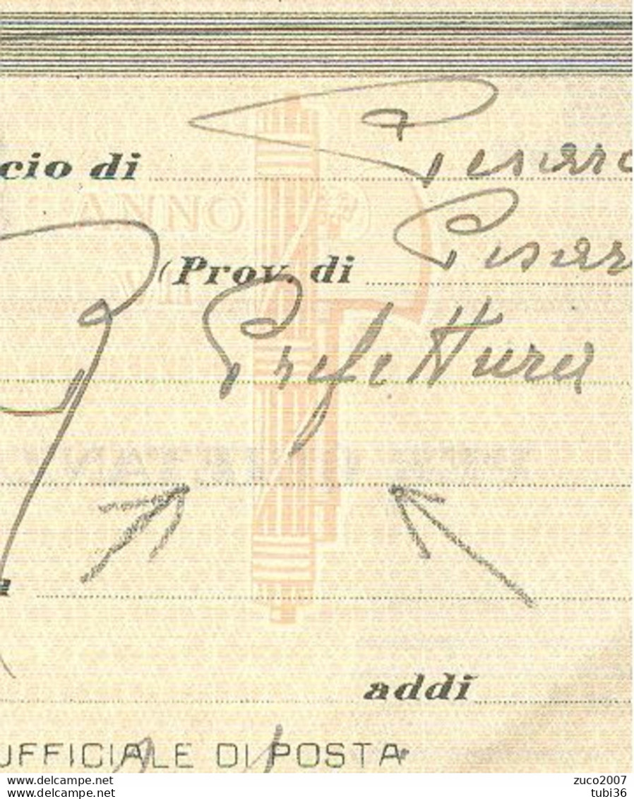 VAGLIA Cent.10 - 1938 - TIMBRO POSTE MERCATINO MARECCHIA (PESARO)-LOGO CON FASCIO -VIAGGIATO -COMPLETO DI TIMBRI - Poste