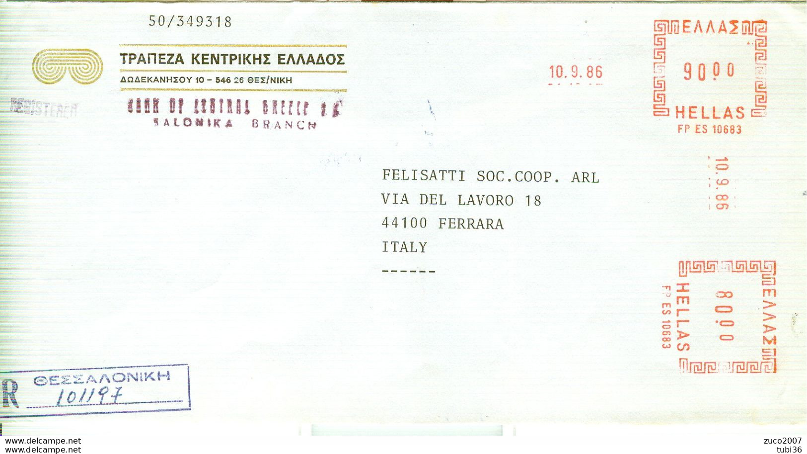 GRECIA - BANK SALONIKA - 90+80 -  -FERRARA - ITALIA - Marcophilie - EMA (Empreintes Machines)