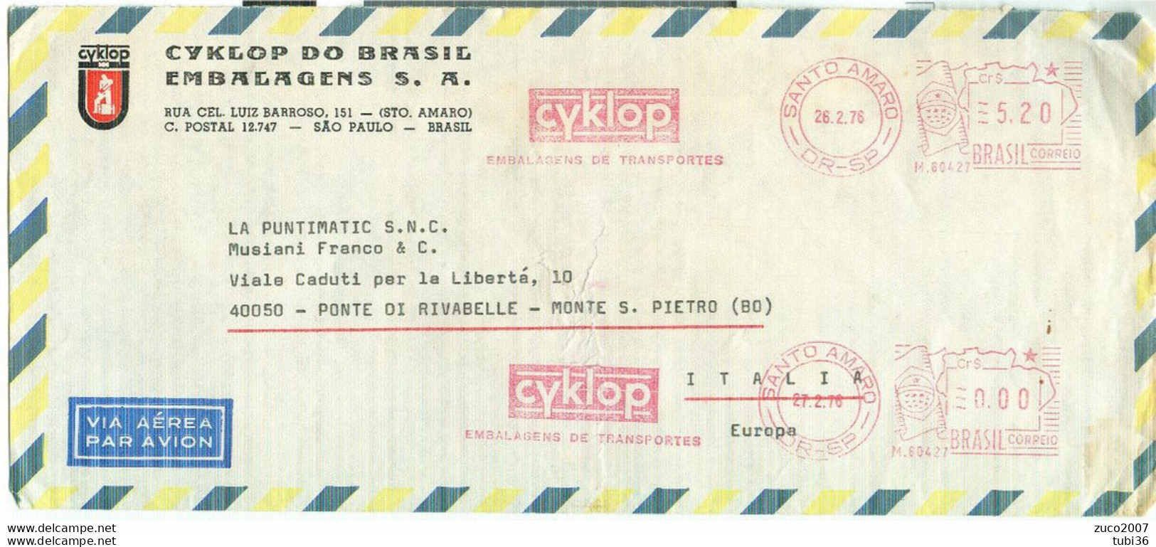 BRASILE -SAO PAULO - SANTO AMARO -CYKLOP S.A.-1976- BOLOGNA (ITALIA) - Viñetas De Franqueo (Frama)