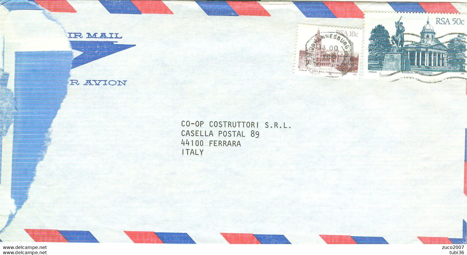 SUD-AFRICA,SOUTH AFRICA  - RSA  10c+50c -JOHANNESBURG - 1986 - FERRARA, ITALIA - Lettres & Documents