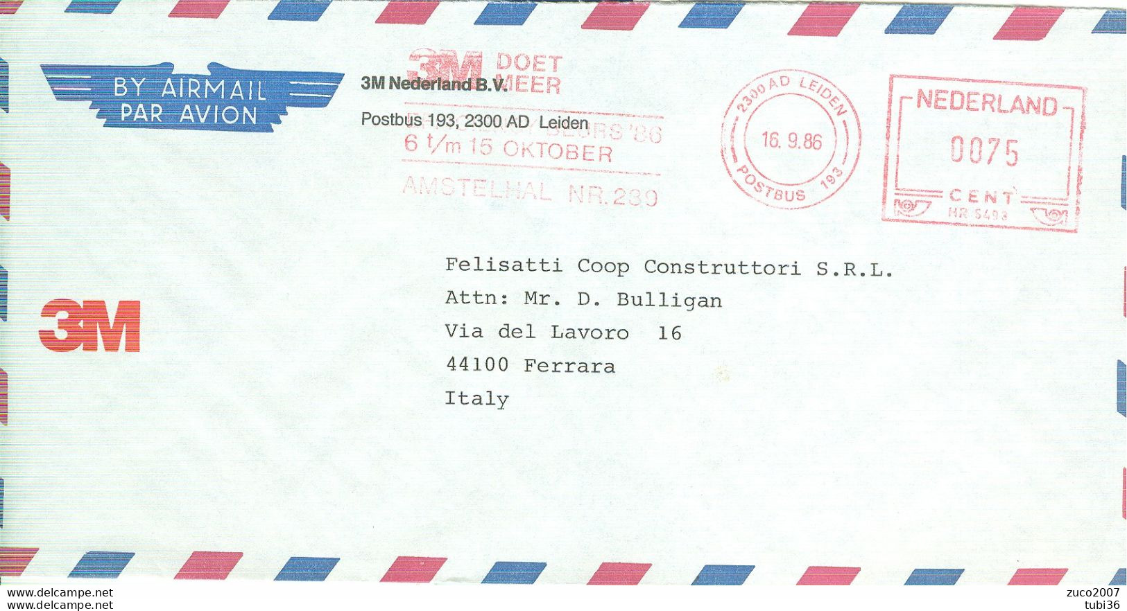NEDERLAND - LEIDEN - 3M -1986 - FERRARA - ITALIA - Frankeermachines (EMA)
