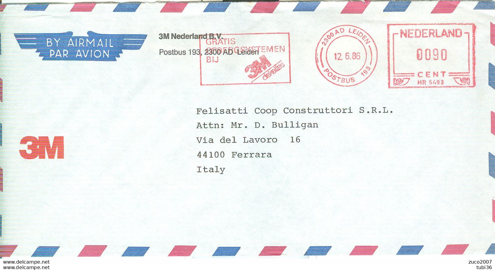 NEDERLAND - LEIDEN - 3M -1986 - FERRARA - ITALIA - Franking Machines (EMA)