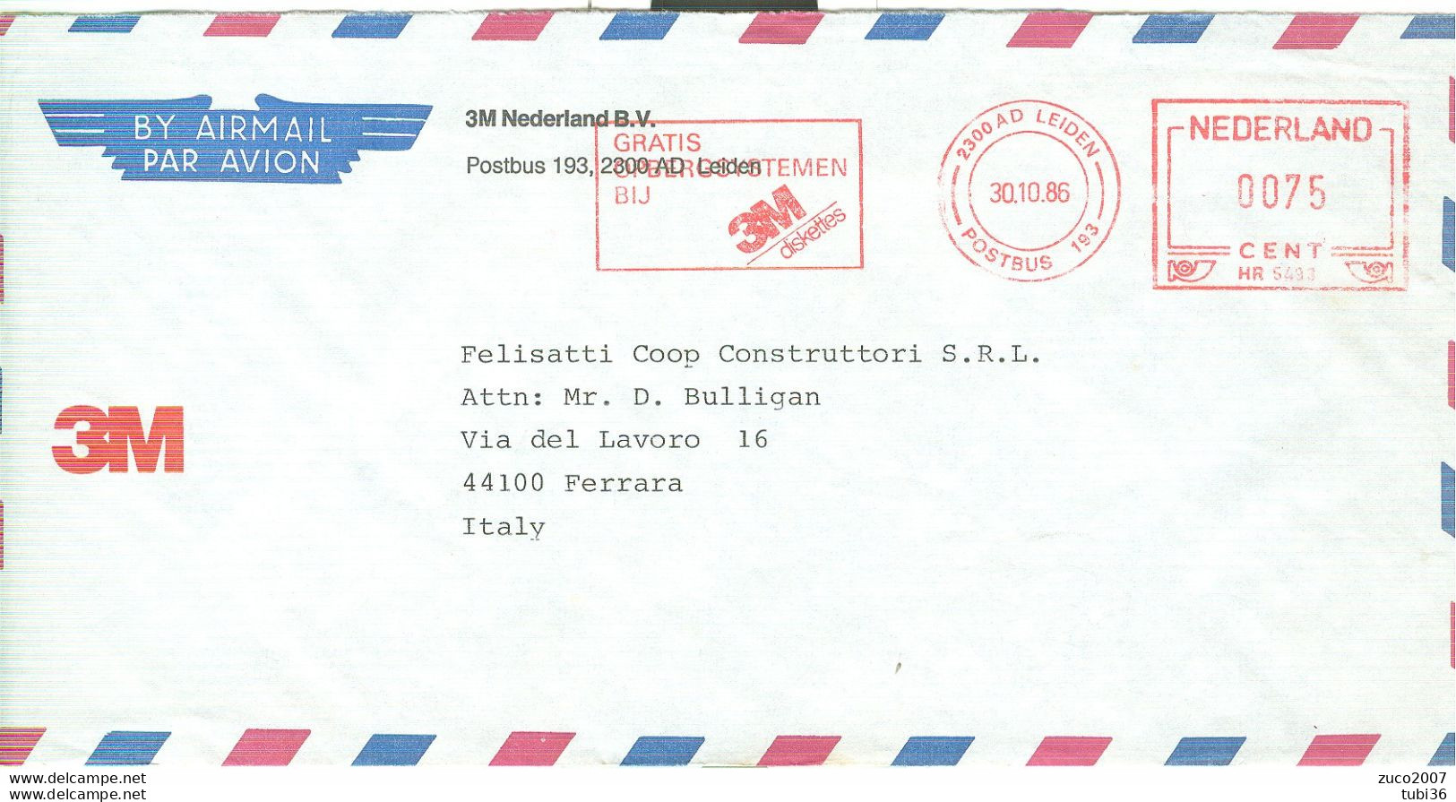 NEDERLAND - LEIDEN - 3M -1986 - FERRARA - ITALIA - Franking Machines (EMA)