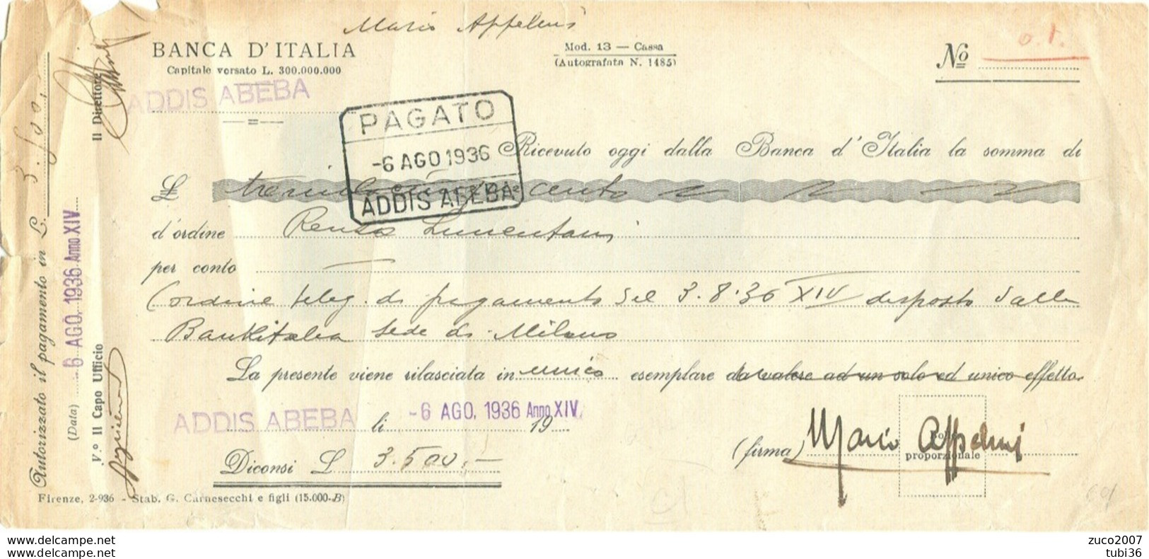 COLONIE ITALIANE ERITREA £.1+1- USO BOLLO SU RICEVUTA  BANCARIA- BANCA D'ITALIA-ADDIS ABEBA,6/8/1936 - RR - Eritrée