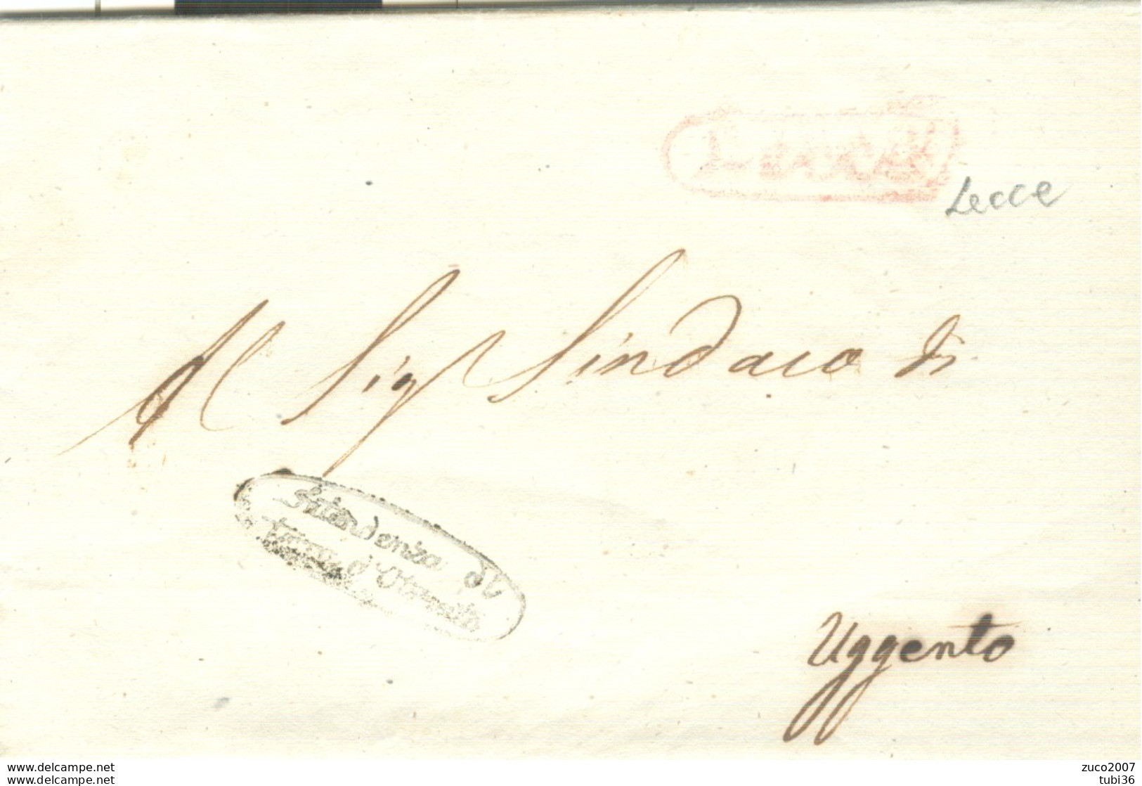 REGNO DUE SICILIE -INTENDENZA DI TERRA D'OTRANTO - LECCE,1852 - LETTERA CON TESTO,BARONE C. SOZI-CARAFA'- PER UGENTO,RR - Sicilië