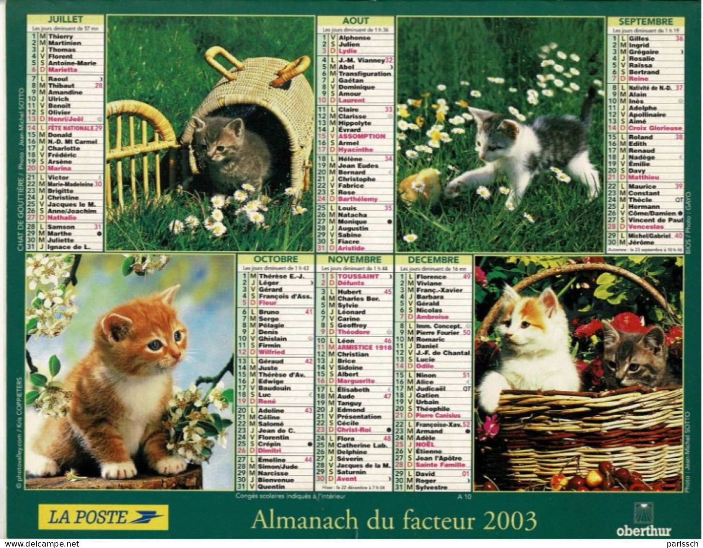 Calendrier Des Postes 2003 - Dalmatiens Dans Panier, West Highland, Epagneuls, Labradors, Chatons, Poussin, Fleurs - Grand Format : 2001-...