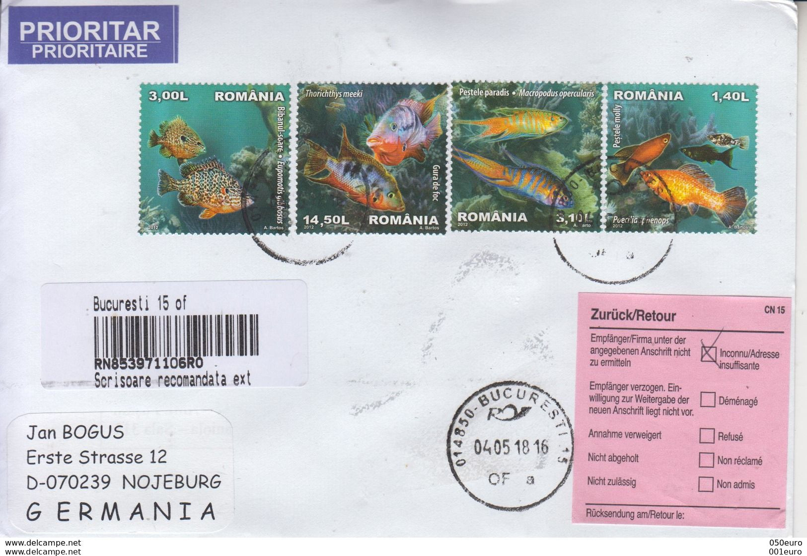 ROMANIA : AQUARIUM FISHES Set On Registered Cover Returned From Germany To ROMANIA #586739899 - Registered Shipping! - Brieven En Documenten