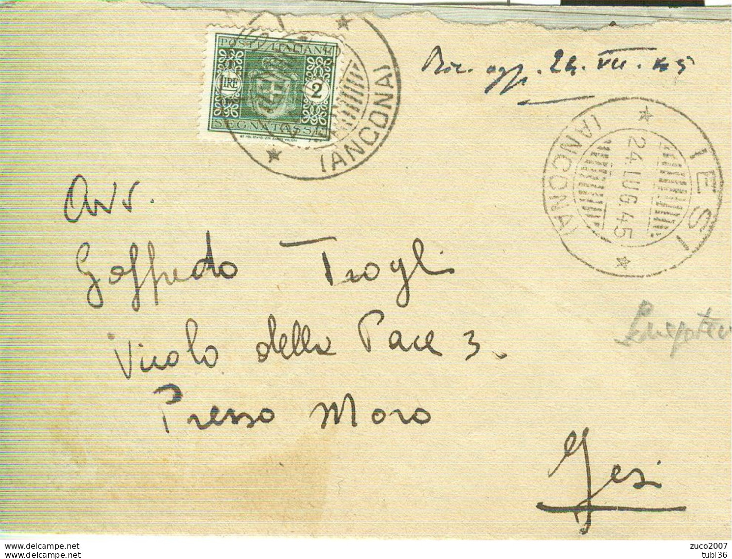 SEGNATASSE £.2,SU BUSTA CON LETTERA, VIAGGIATA 1945 (LUOGOTENENZA),TIMBRO POSTE IESI (ANCONA), - Postage Due