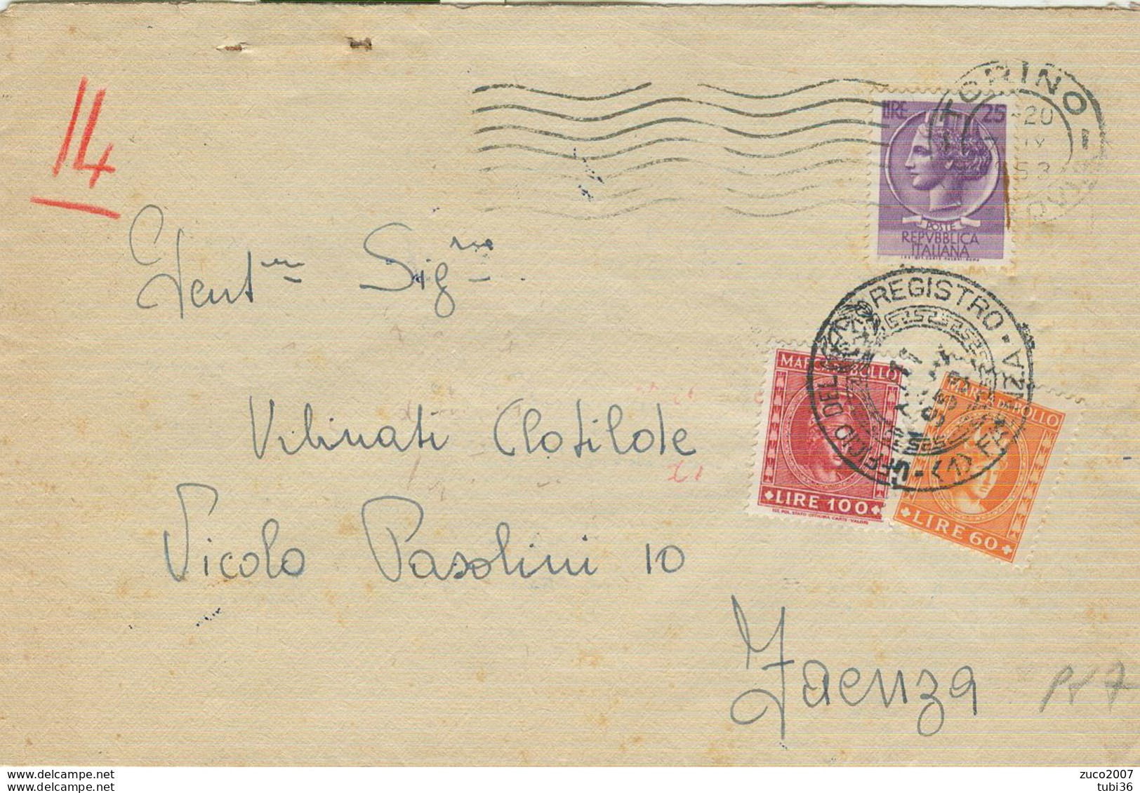 SIRACUSANA £.25,TARIFFA LETTERA, 1953,SU BUSTA USO FISCALE CON MARCHE DA BOLLO £.100+60,TIMBRO POSTE TORINO-FAENZA - Fiscale Zegels