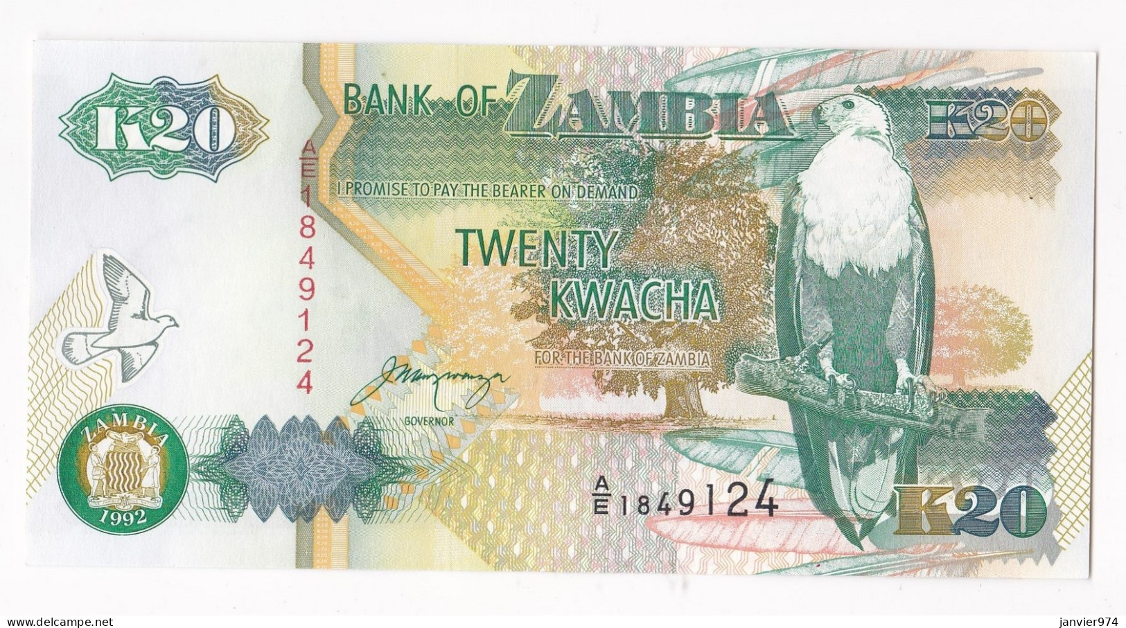 Zambia 20 Kwacha 1992, N° A/E 1849124, UNC   - Zambie