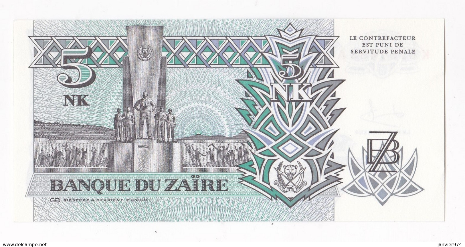 Zaire 5 Nouveaux Makuta 1993 , N° K 0751433 A , Billet Neuf - UNC - Zaire