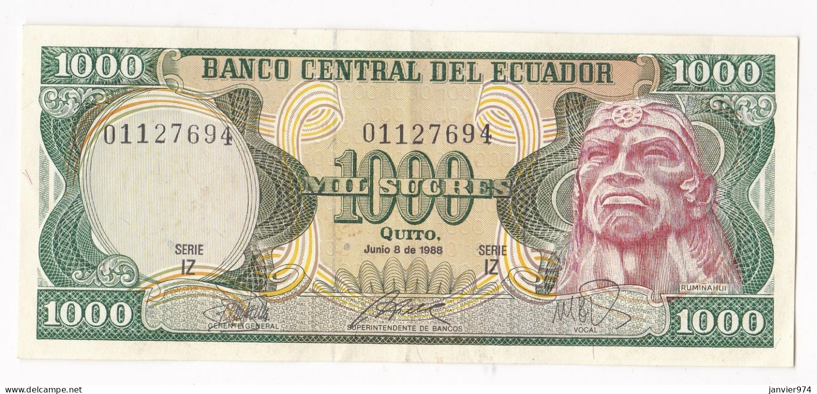 Equateur 1000 Sucres 1988 , Serie IZ N°01127694, Billet Neuf - UNC - Ecuador