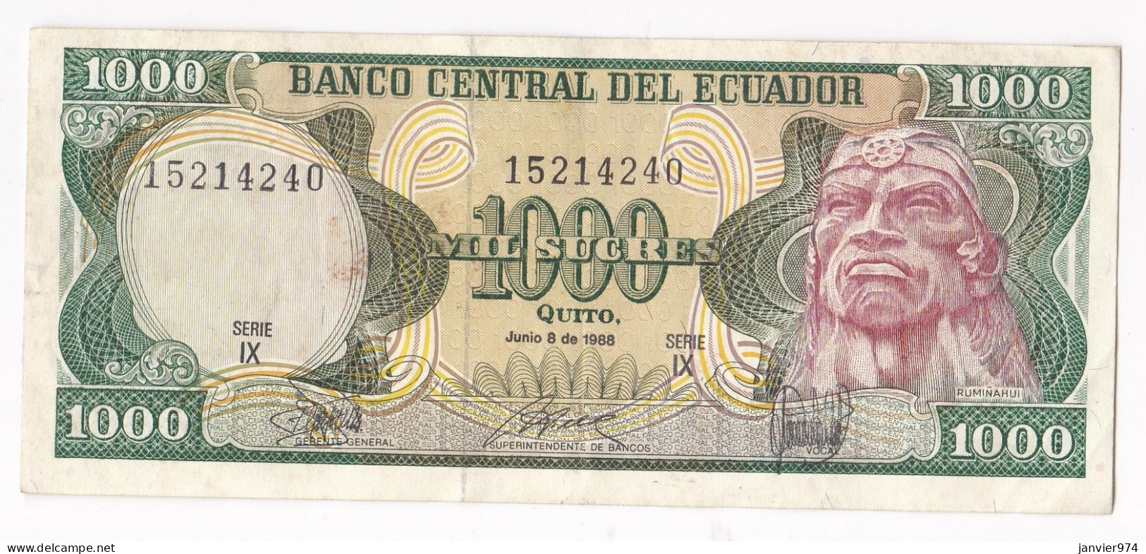 Equateur 1000 Sucres 1988 , Serie IX N°15214240, Billet Neuf - UNC - Ecuador