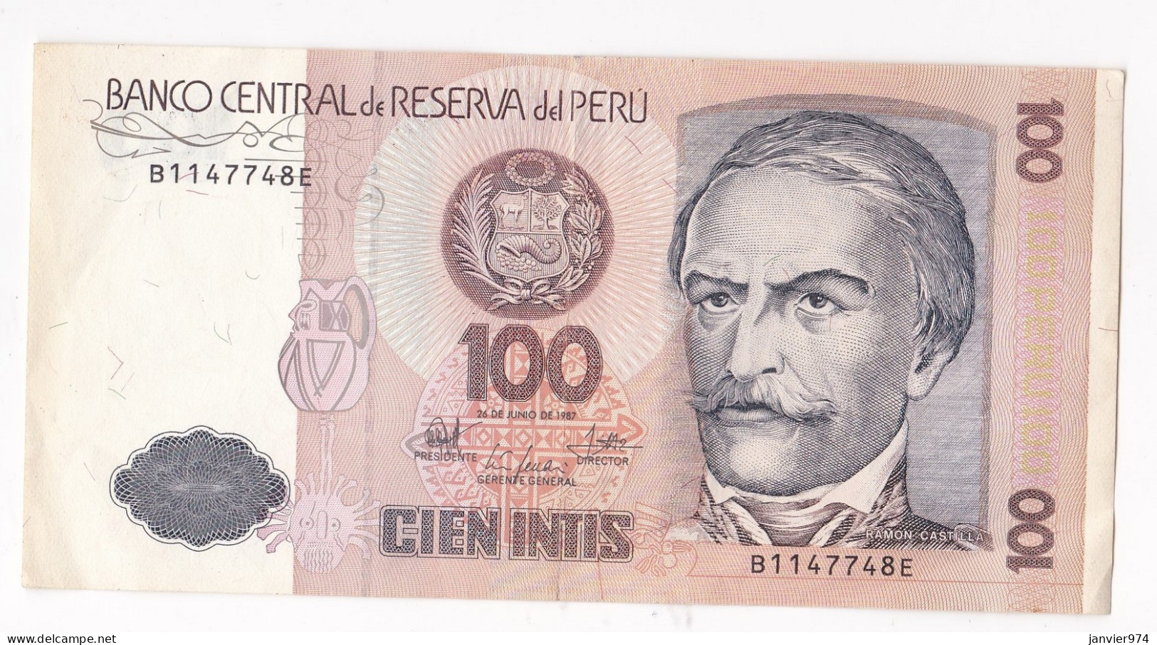Perou 100 Intis 1987, N° B 1147748 E, Billet Neuf - UNC - Perù