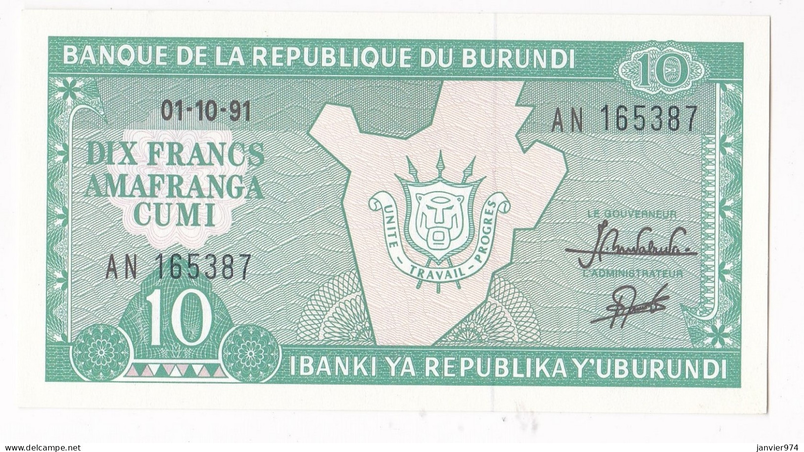 Burundi 10 Francs 1991. N° AN 165387, Billet Neuf - UNC - Burundi