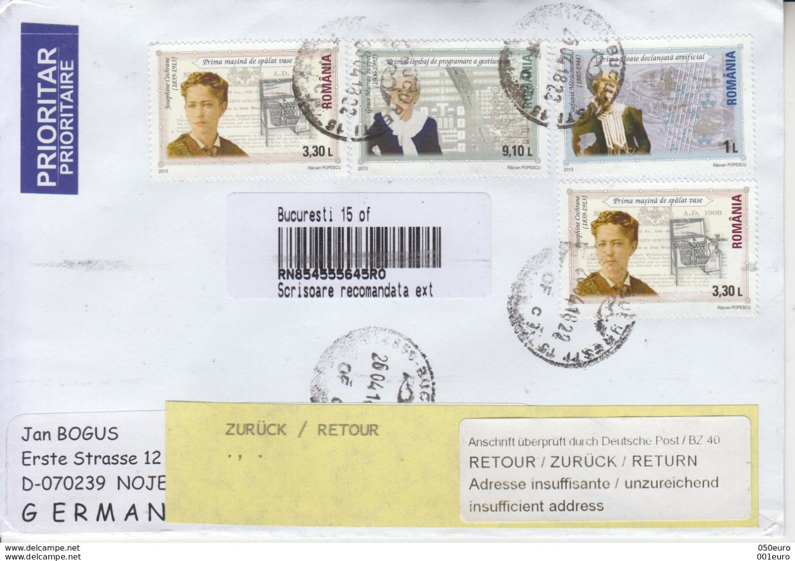 ROMANIA : WOMEN INVENTORS Set On Registered Cover Returned From Germany To ROMANIA #586729516 - Registered Shipping! - Cartas & Documentos