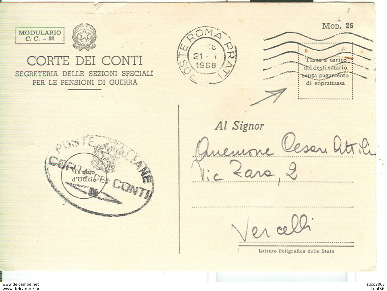 CORTE DEI CONTI -ROMA -C.P. TASSA A CARICO DEL DESTINATARIO, NON TASSATA.1968 - - Poste