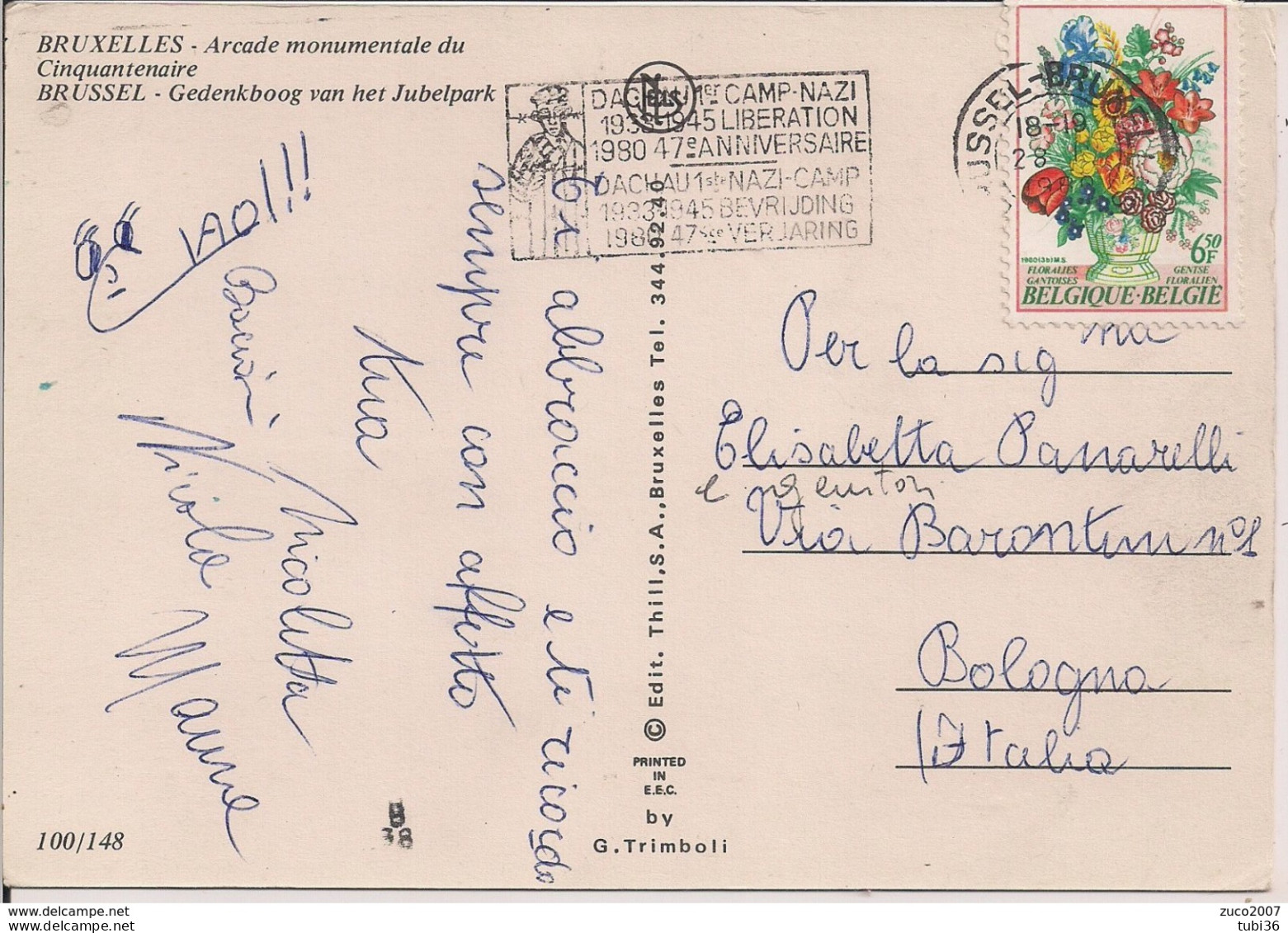BRUXELLES - ARCADE CINQUANTENAIRE ,1980,TIMBRO POSTE TARGHETTA " DACHAU....................",BOLOGNA,ITALIA, - Lettres & Documents