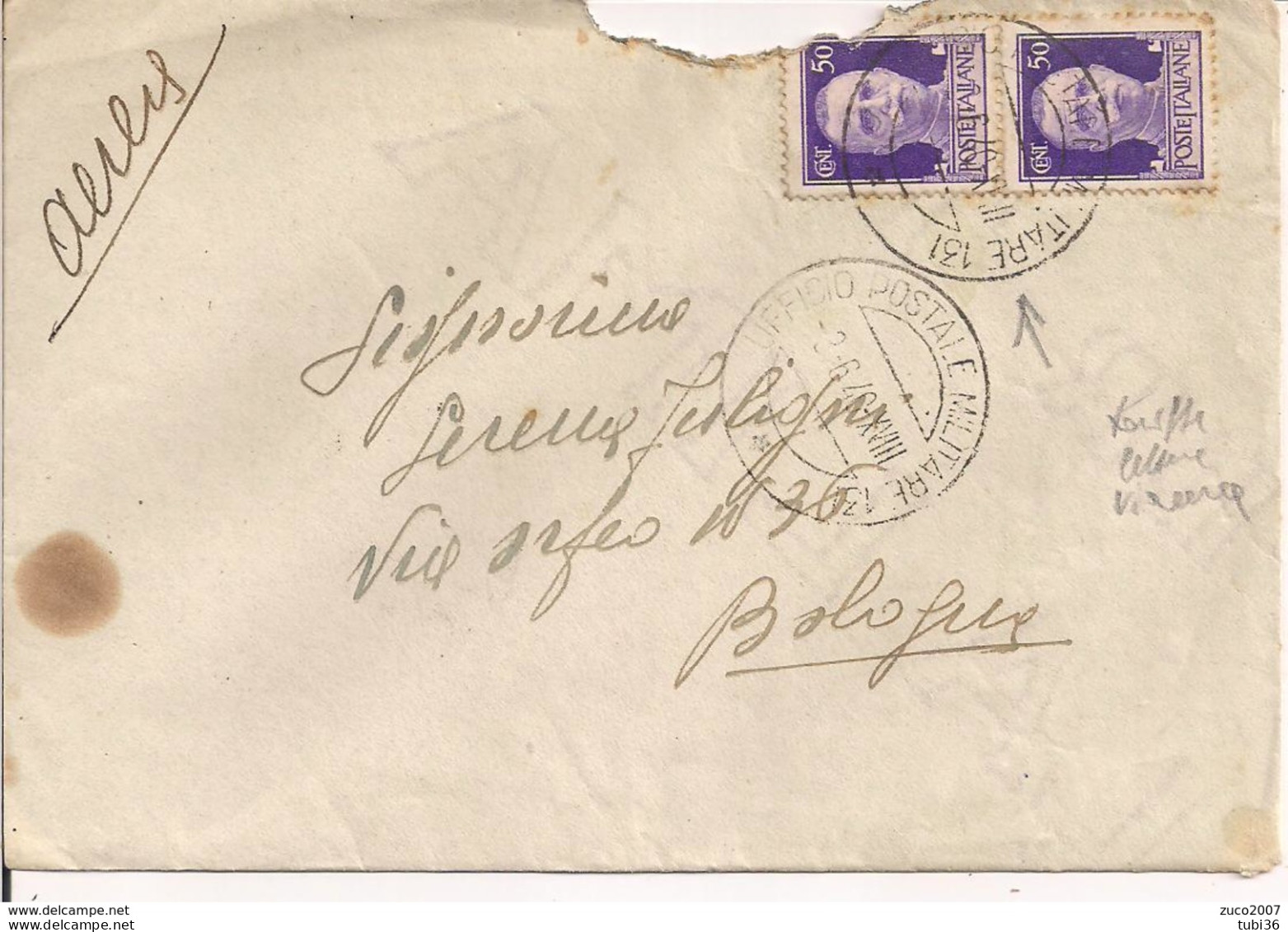 UFFICIO POSTALE  MILITARE 131- ALBANIA, SU BUSTA VIAGGIATA 1940,TARIFFA LETTERA VIA AEREA,IMPERIALE Cent.50X2,BOLOGNA - Albanië