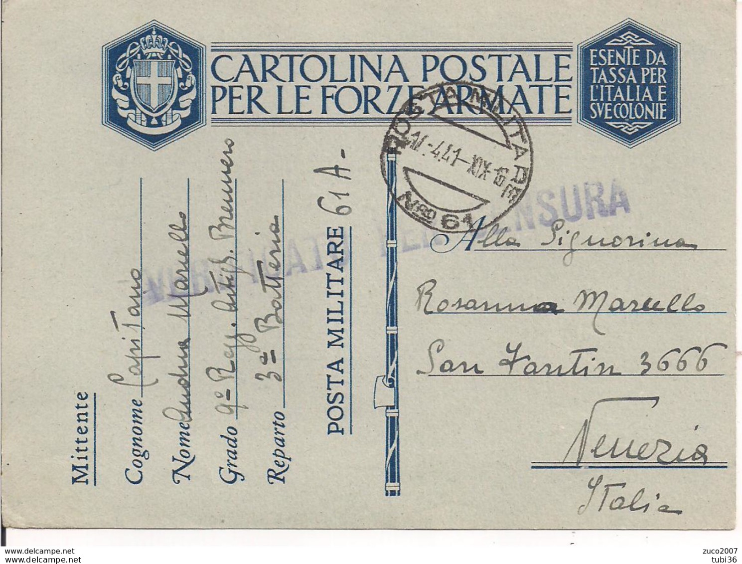 POSTA MILITARE N.61 A - CARTOLINA POSTALE  FORZE ARMATE- P.M. N.61 A -ALBANIA - 1941 -PER VENEZIA, CENSURA - Albanien
