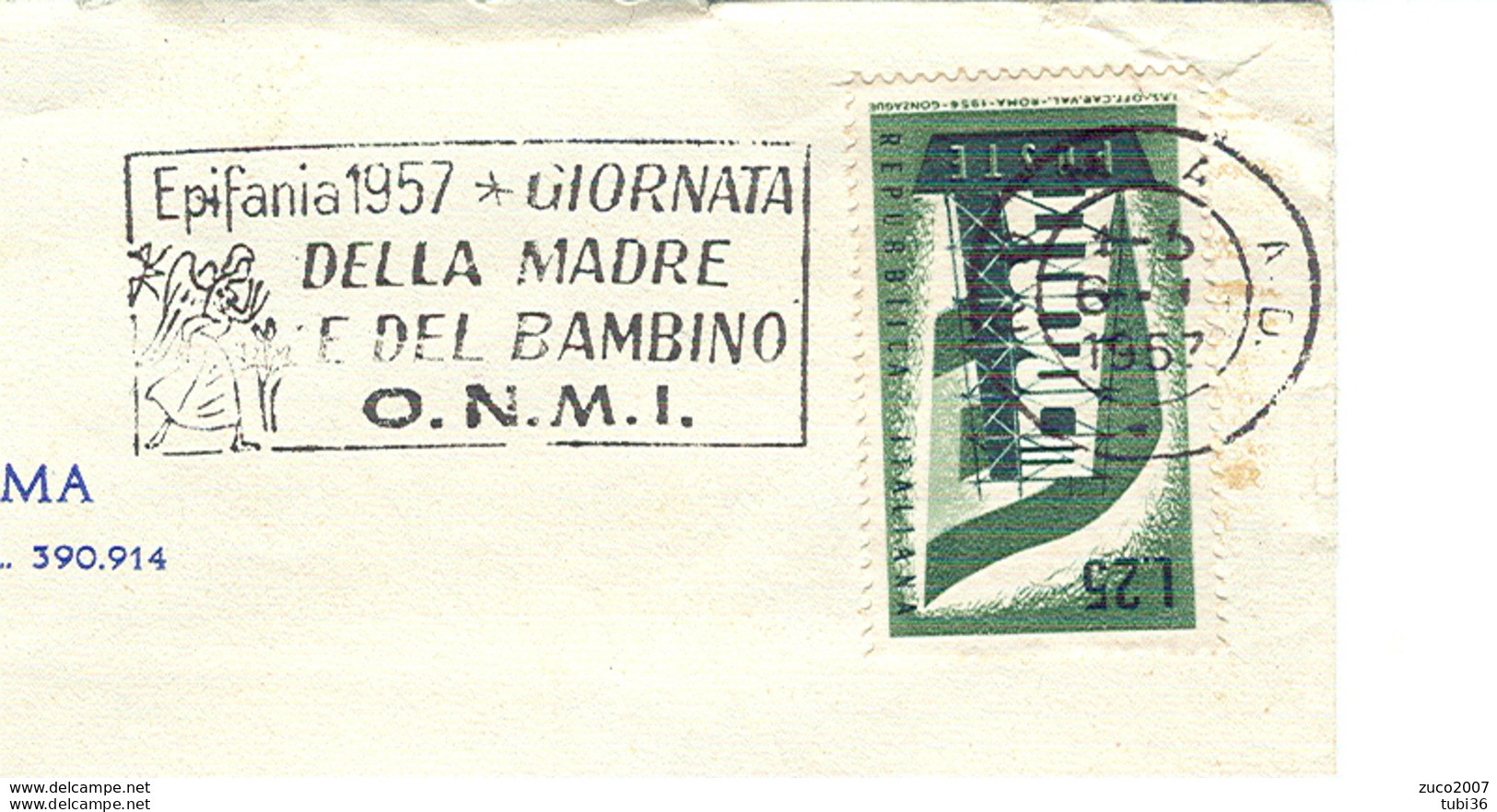 EPIFANIA 1957, GIORNATA DELLA MADRE E DEL BAMBINO- O.N.M.I.- TIMBRO POSTE ROMA TARGHETTA,1957,CIRCOLO CANOTTIERI,ROMA, - Moederdag