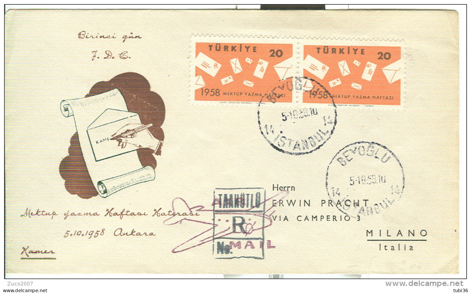 TURCHIA - 1958 - SETTIMANA DELLA LETTERA SCRITTA - FDC - VIAGGIATA-POSTE BEYOGLU-ISTANBUL- MILANO -ITALIA - Storia Postale