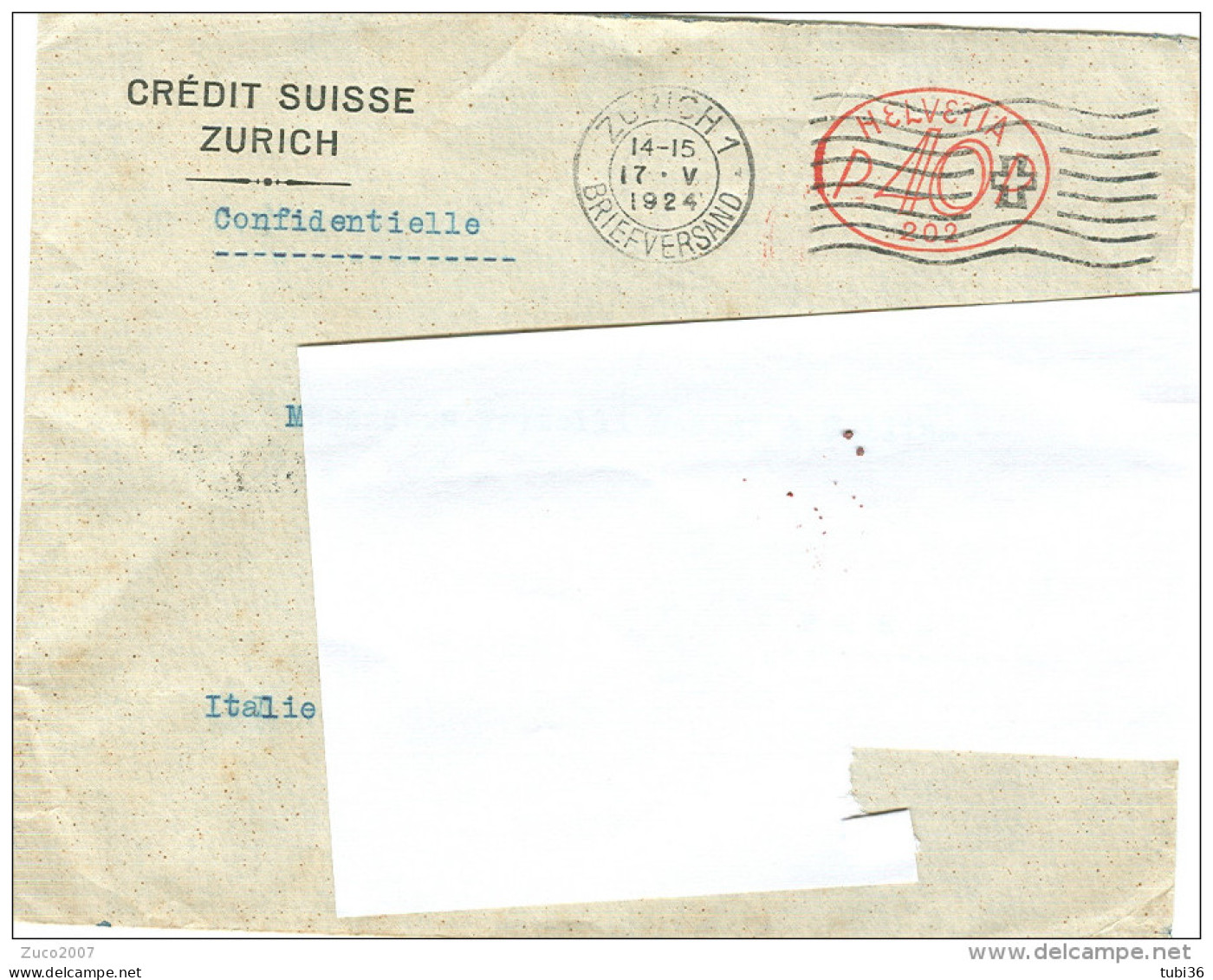 Suisse. EMA Freistempel. 40, CREDIT SUISSE,1924, PER ITALIA, - Máquinas De Franquear