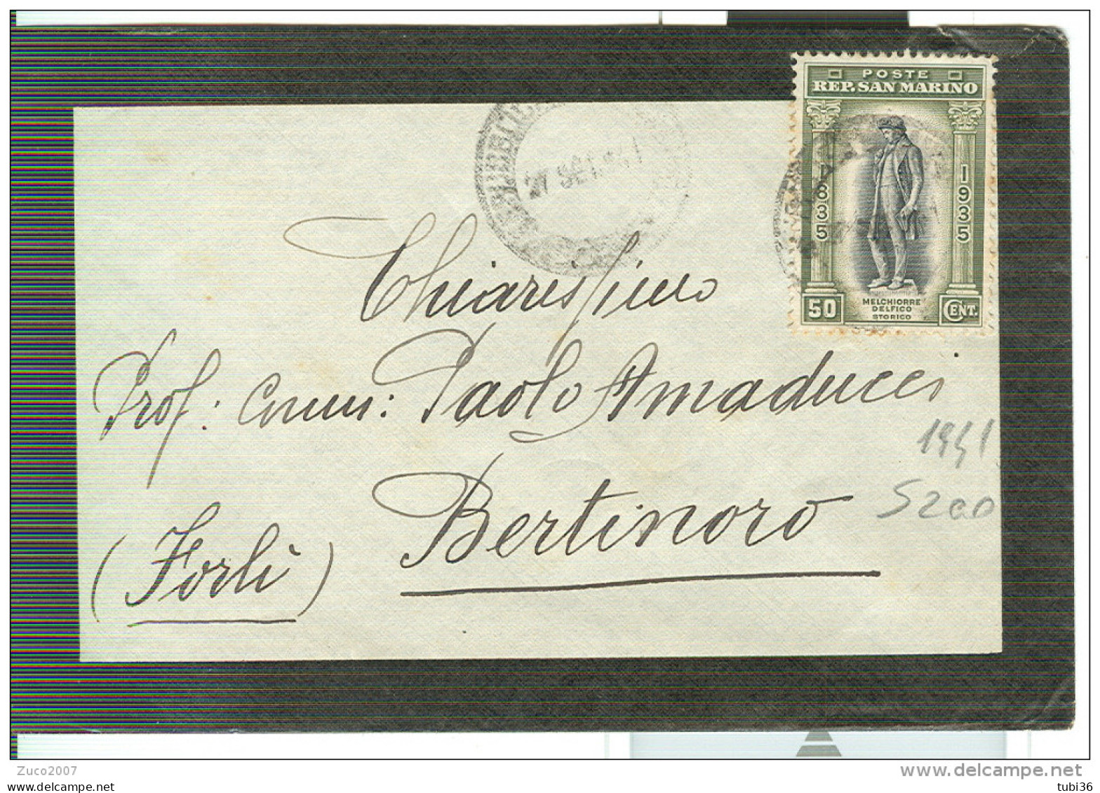 DELFICO Cent.50 - TARIFFA LETTERA , 1941, BERTINORO ,FORLI - Storia Postale