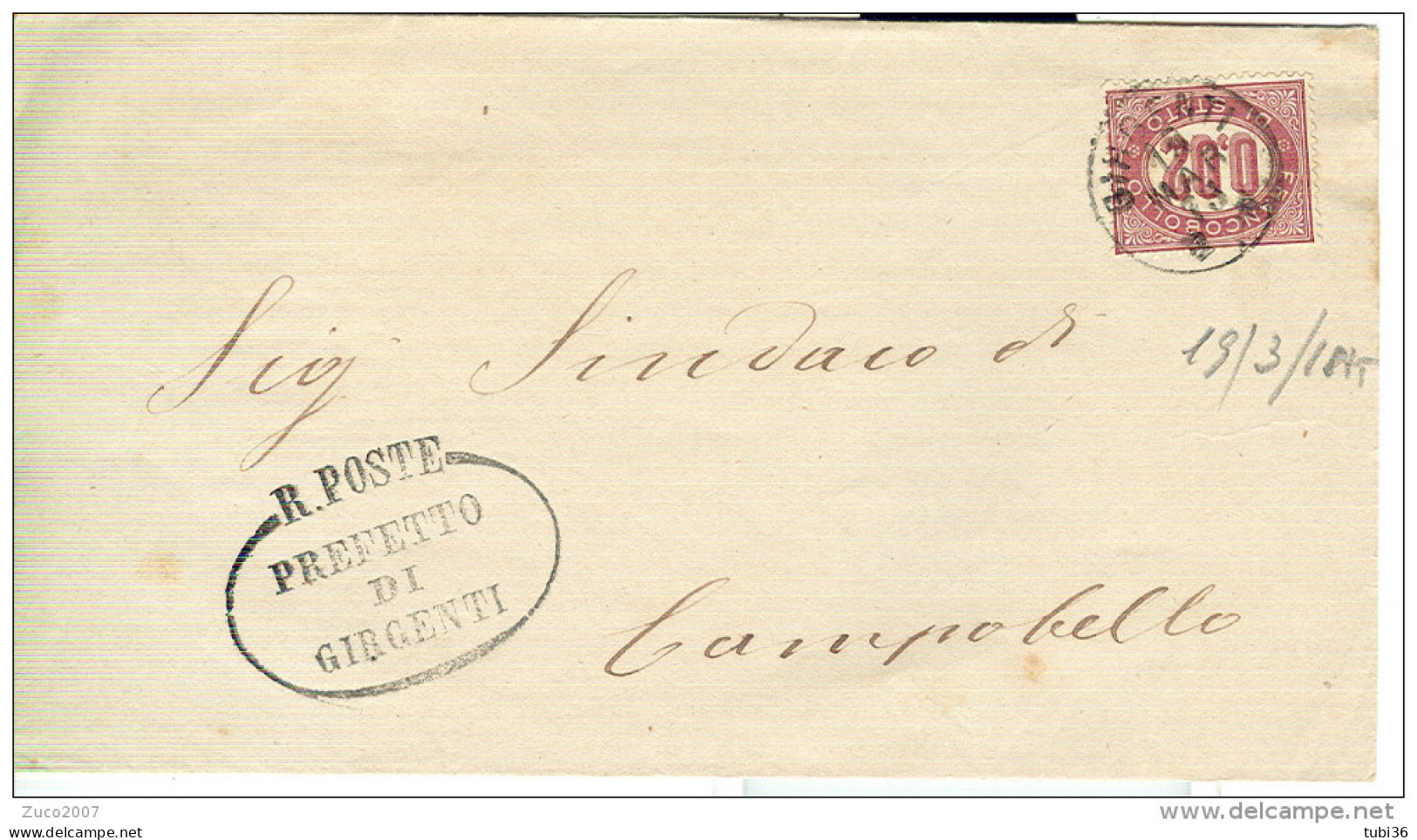 SRVIZIO DI STATO Cent.0,02,SU PLICO PREFETTURA DI GIRGENTI (AGRIGENTO),1875,PER CAMPOBELLO, - Servizi