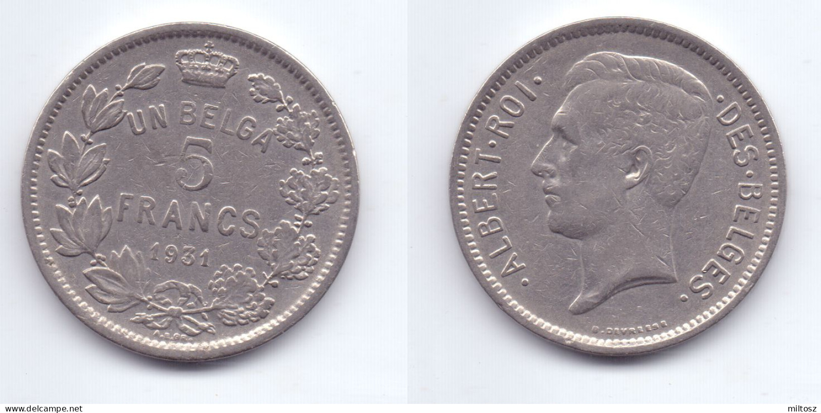 Belgium 5 Francs 1931 (legend In French) Pos. B - 5 Francs & 1 Belga