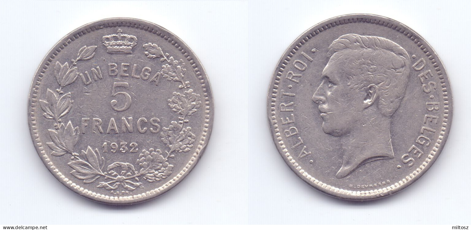 Belgium 5 Francs 1932 (legend In French) Pos. A - 5 Francs & 1 Belga