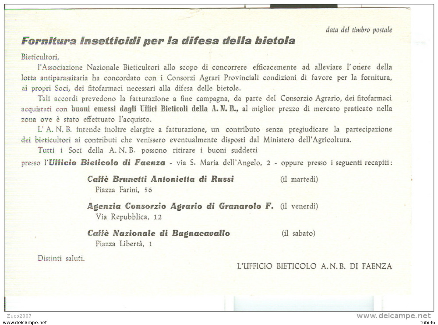 ANB,ASSOCIAZIONE NAZIONALE BIETICULTORI,FAENZA,1963,INSETTICIDI PER LA DIFESA DELLA BIETOLA,TIMBRO POSTE FAENZA TARGHETT - Faenza