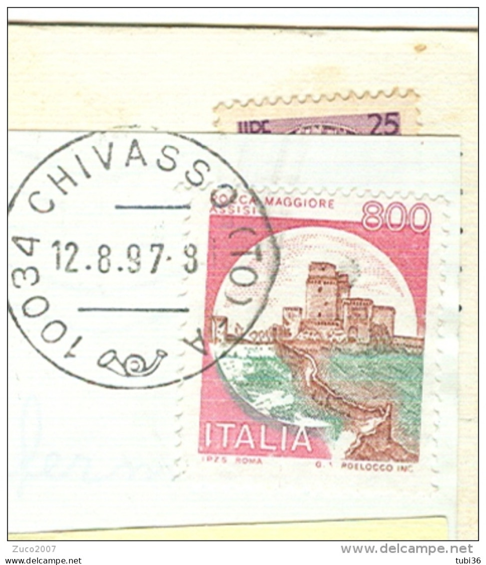 CASTELLI £.800-SU CARTOLINA RICOPERTA E RISPEDITA  CON ADESIVO PUBBLICITARIO,1997, TIMBRO POSTE CHIVASSO,CURIOSITA' - Varietà E Curiosità