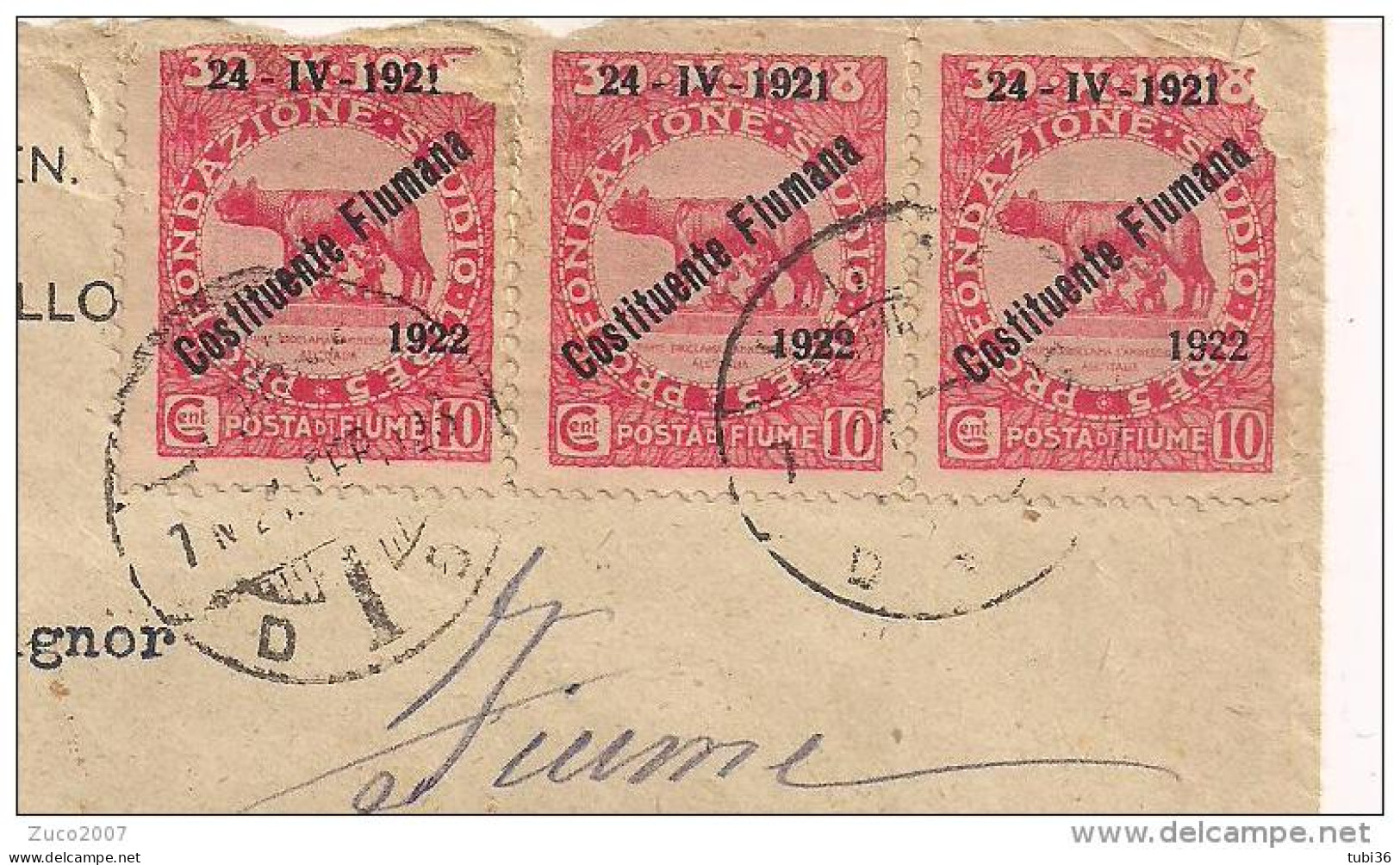 POSTA DI FIUME,COSTITUENTE FIUMANA 1922,cent.10 X 3,SU BUSTA VIAGGIATA 1923,TIMBRO POSTE FIUME,CORROPOLI,TERAMO,STORIA - Corfu