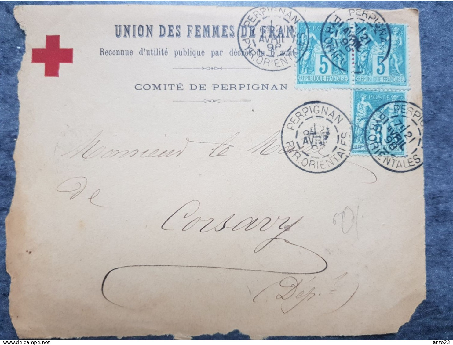 Devant De Lettre 1898 Croix Rouge Union Des Femmes De France Comité De Perpignan TB SAGE 5 CTS X 3 - MILITARIA - Croix-Rouge