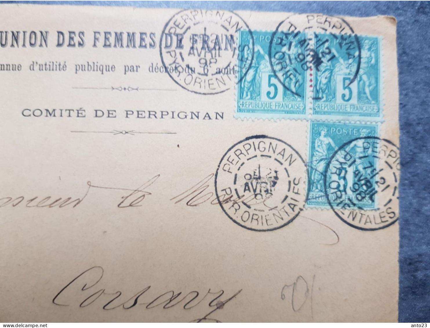 Devant De Lettre 1898 Croix Rouge Union Des Femmes De France Comité De Perpignan TB SAGE 5 CTS X 3 - MILITARIA - Cruz Roja