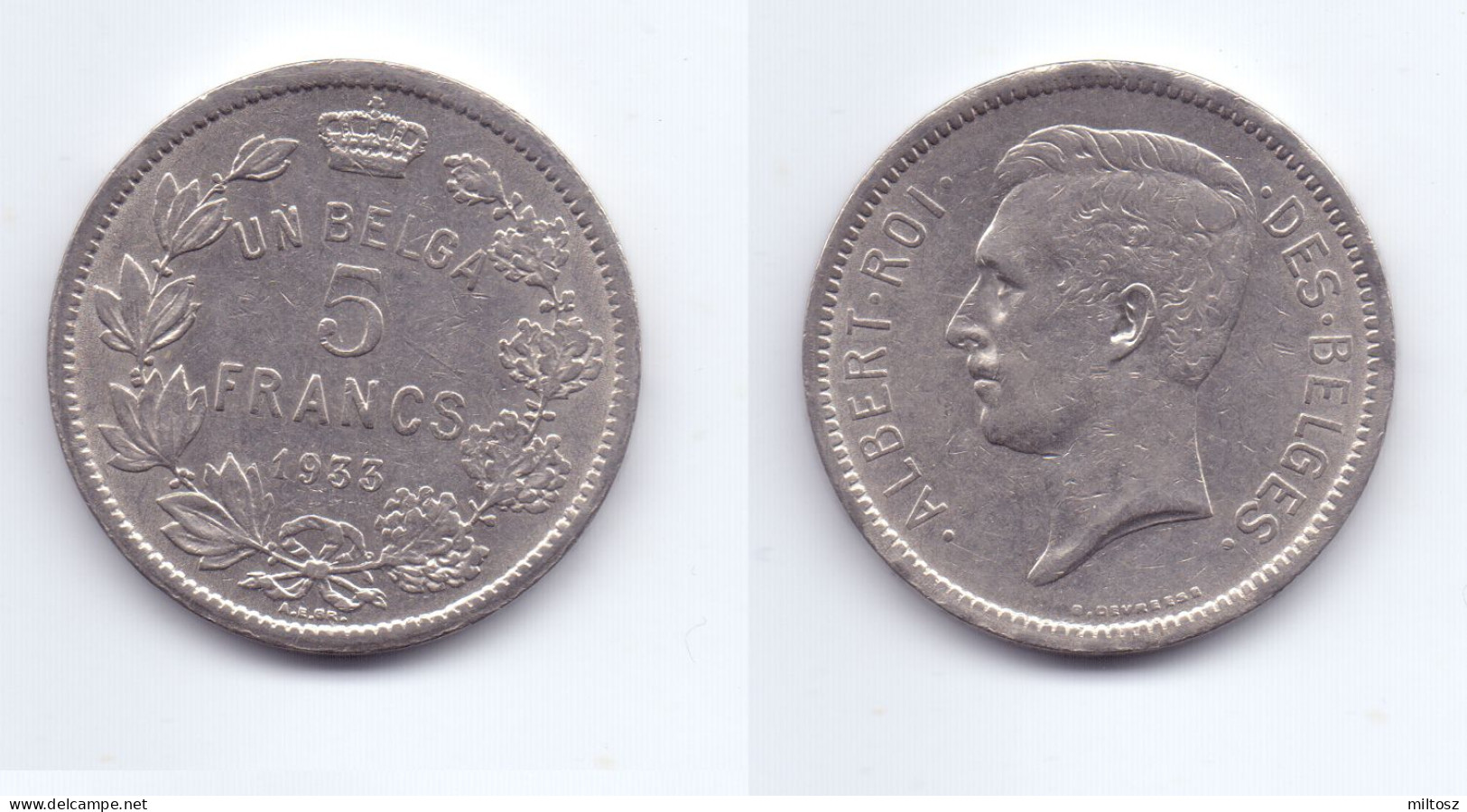 Belgium 5 Francs 1933 (legend In French) Pos. B - 5 Francs & 1 Belga