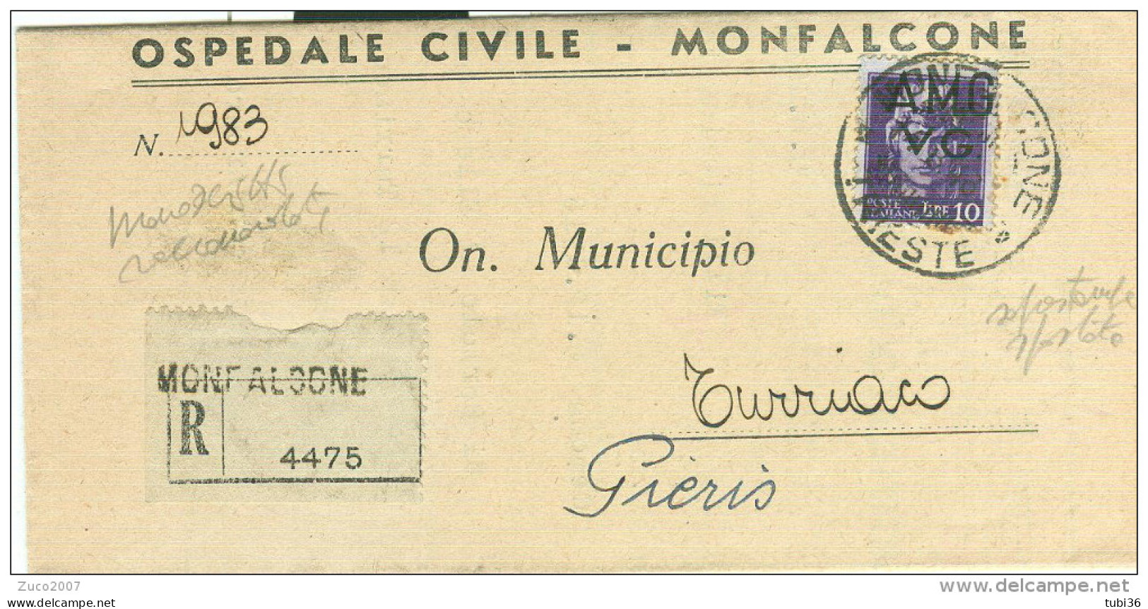 AMG-VG, IMP. £.10,VARIETA SOPRASTAMPA SPOSTATA ISOLATO IN TARIFFA MANO. RACC., 1946, POSTE MONFALCONE -PIERIS, TRIESTE - Poststempel